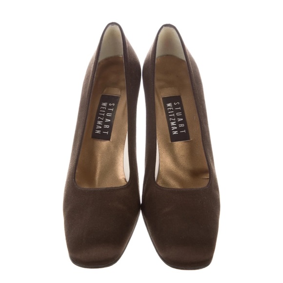 Stuart Weitzman Brown Satin SquareToe Pumps Size 10 - Picture 2 of 11